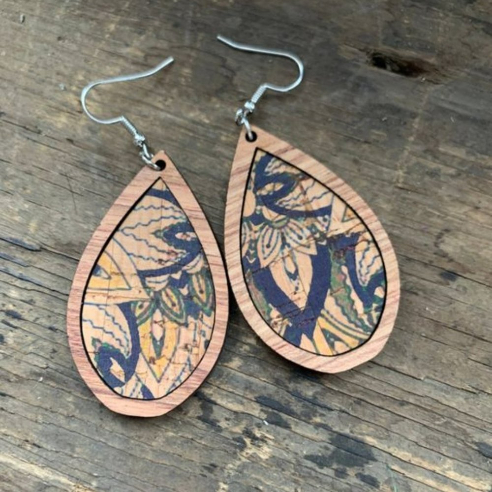 Wood Teardrop Earrings with Blue and Yellow Cork